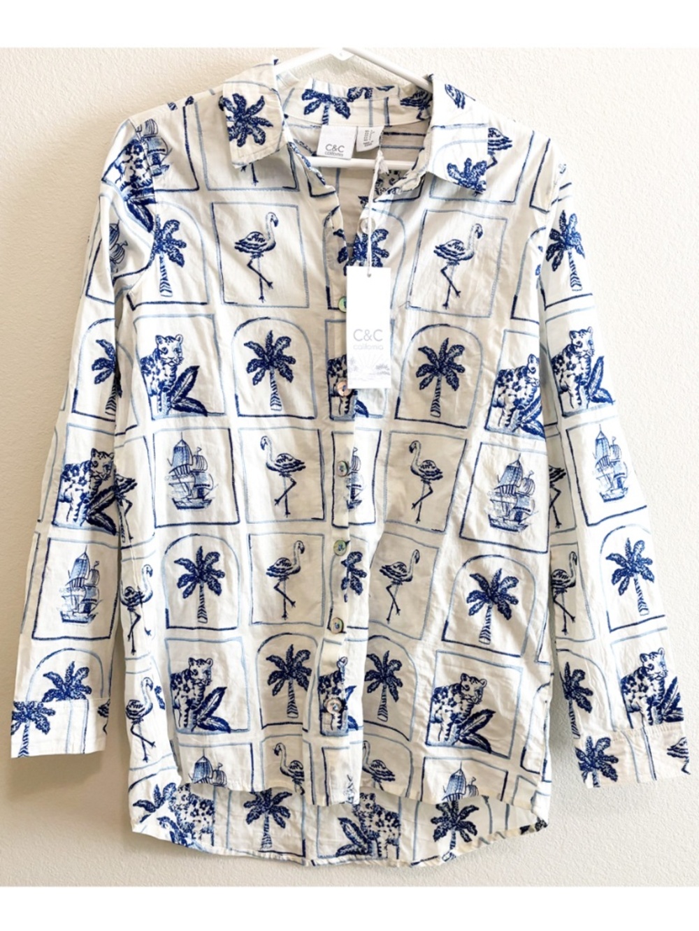 NWT C&C California embroidered button up long sleeve tunic top